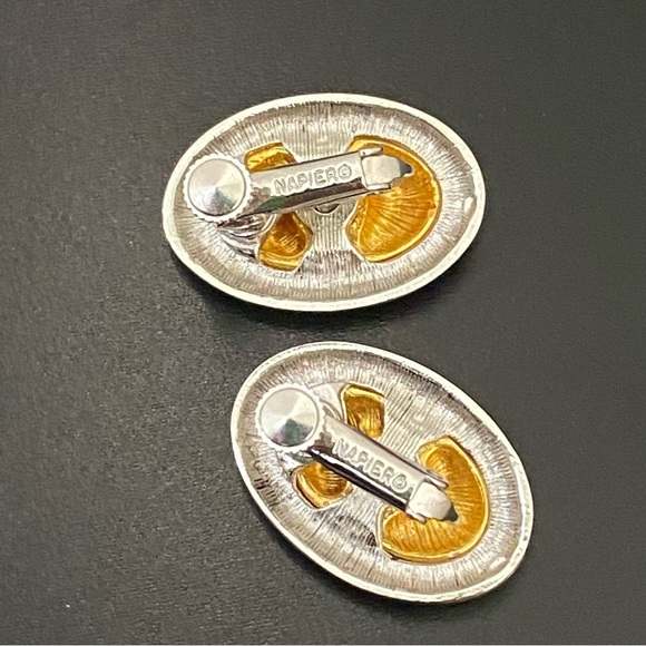 Vintage NAPIER 2-tone High Polished Metal Oval Cabochon Modernist Earrings 12g. - Picture 9 of 14
